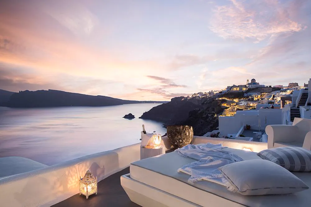 Katikies Santorini, sunset terrace over the caldera