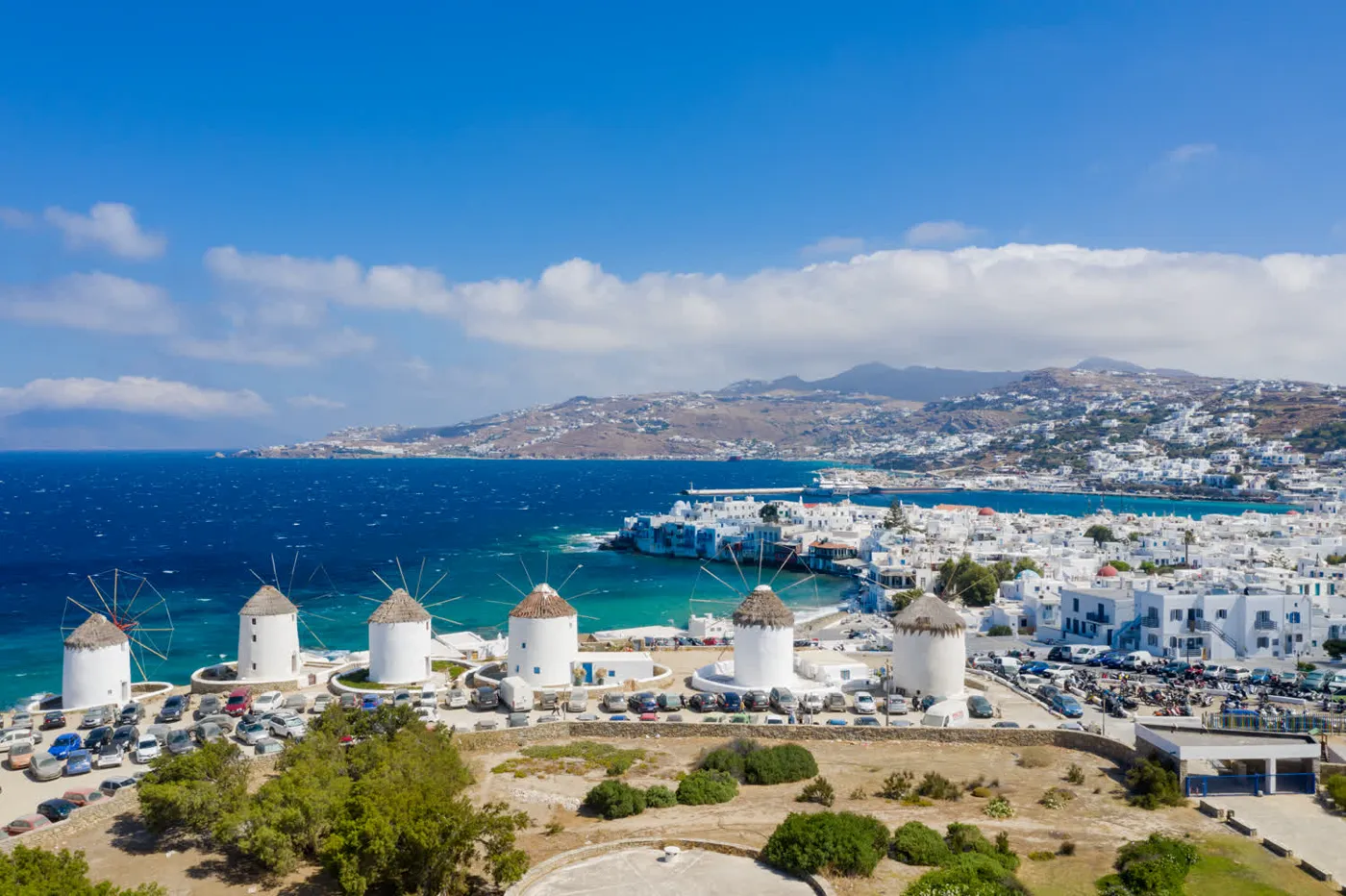 The windmills of Mykonos above Little Venice