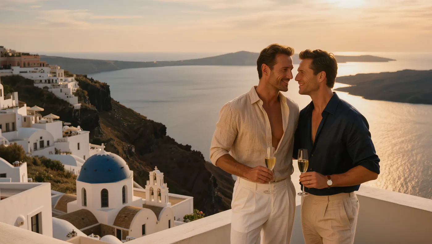 A couple at sunset on a Santorini terrace above the caldera