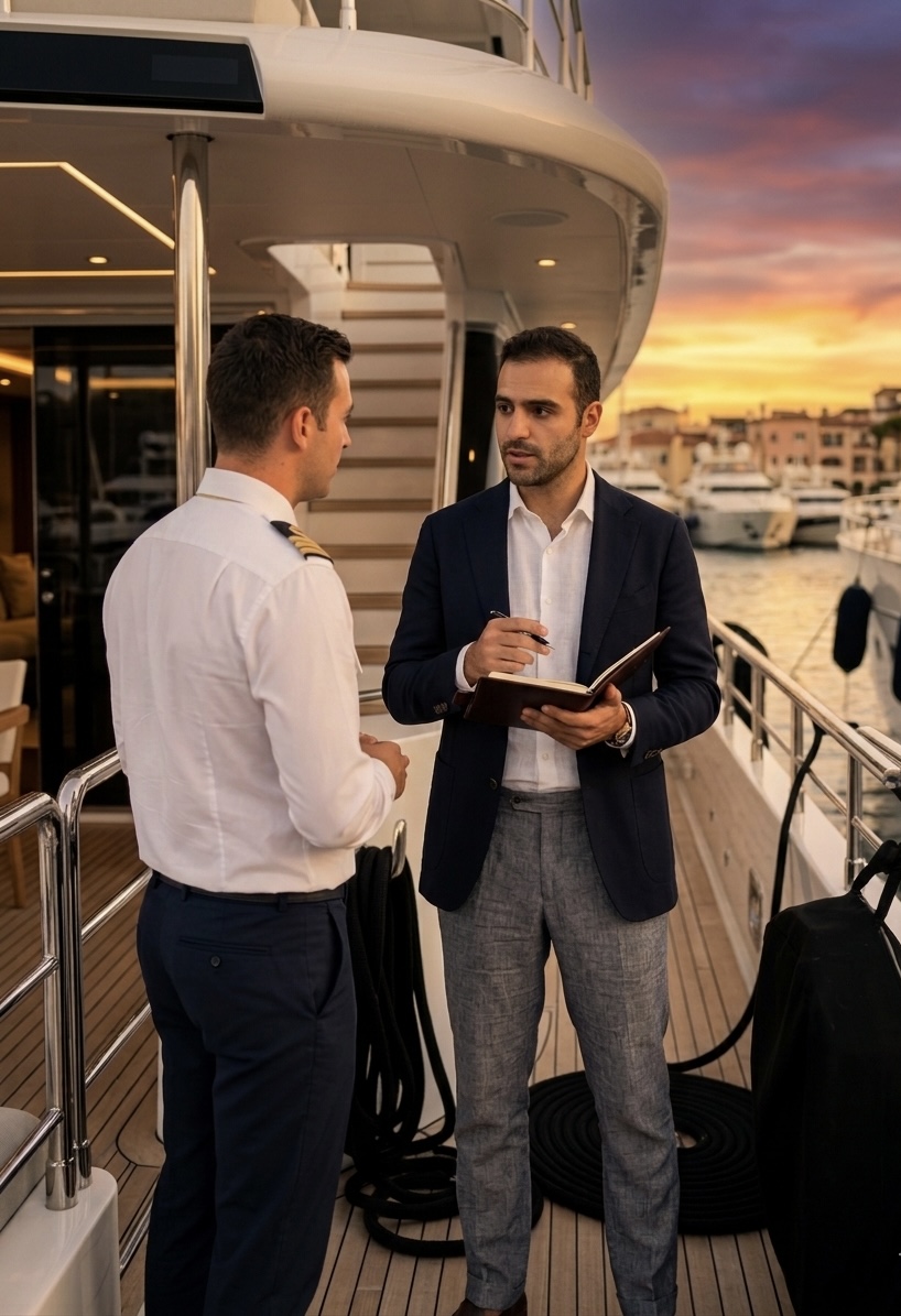 Two men in conversation on a yacht deck